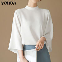VONDA Women Blouses Elegant 3/4 Sleeve Solid O-Neck Three Quarter Sleeve Blusas Casual Tops Korean Style Black Blouse For Formal Occasion & Work