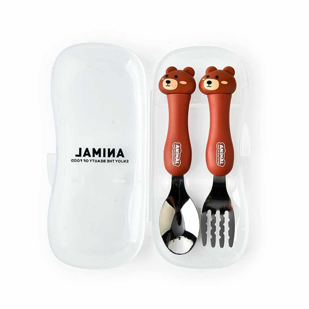2Pcs Kids Silverware Travel Carry Set Children Portable Tableware Toddler Utensils Kids Spoon & Fork Set with Travel Case (Brown)