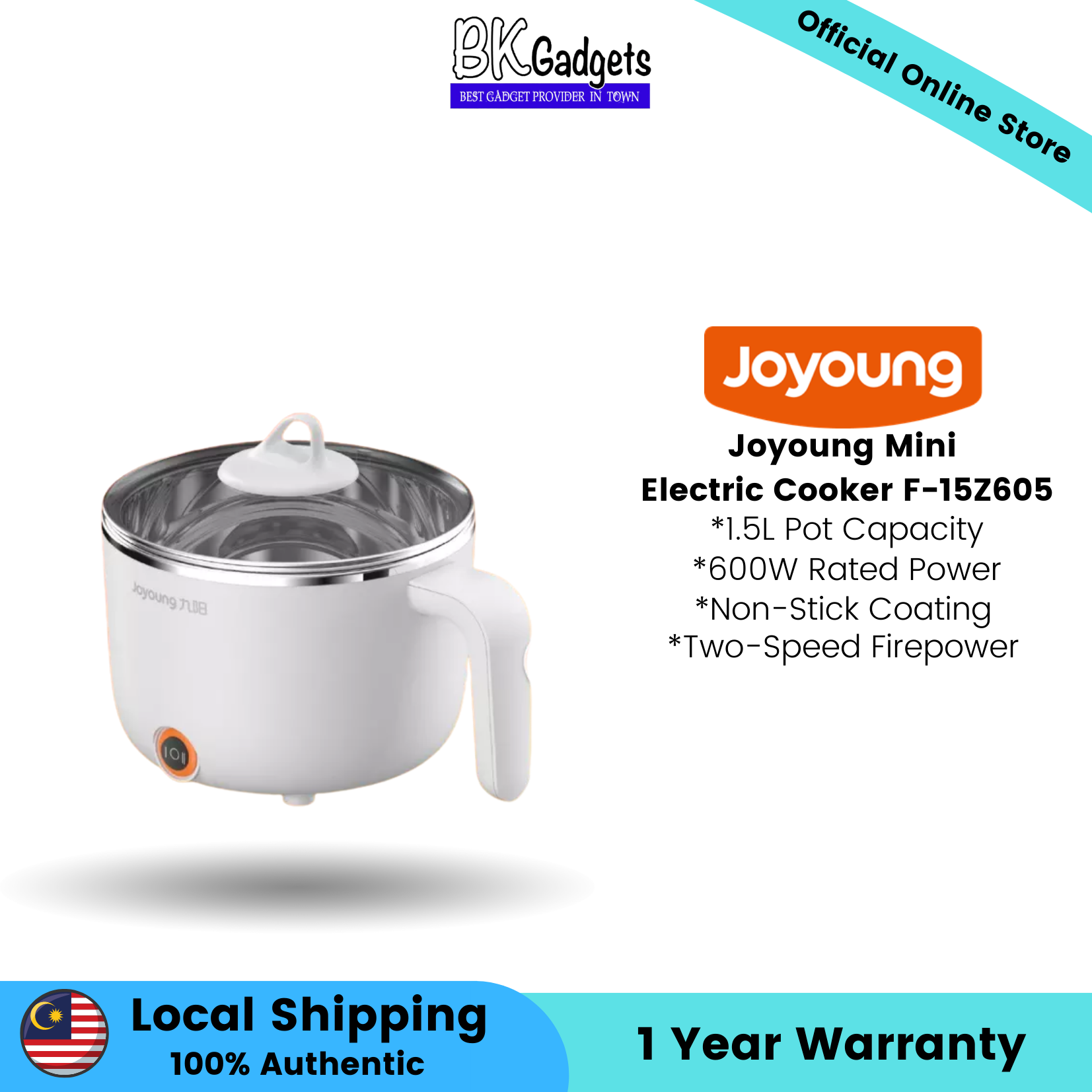 Joyoung Mini Electric Cooker F-15Z605 - 1.5L Pot Capacity | 600W Rated Power | Non-Stick Coating