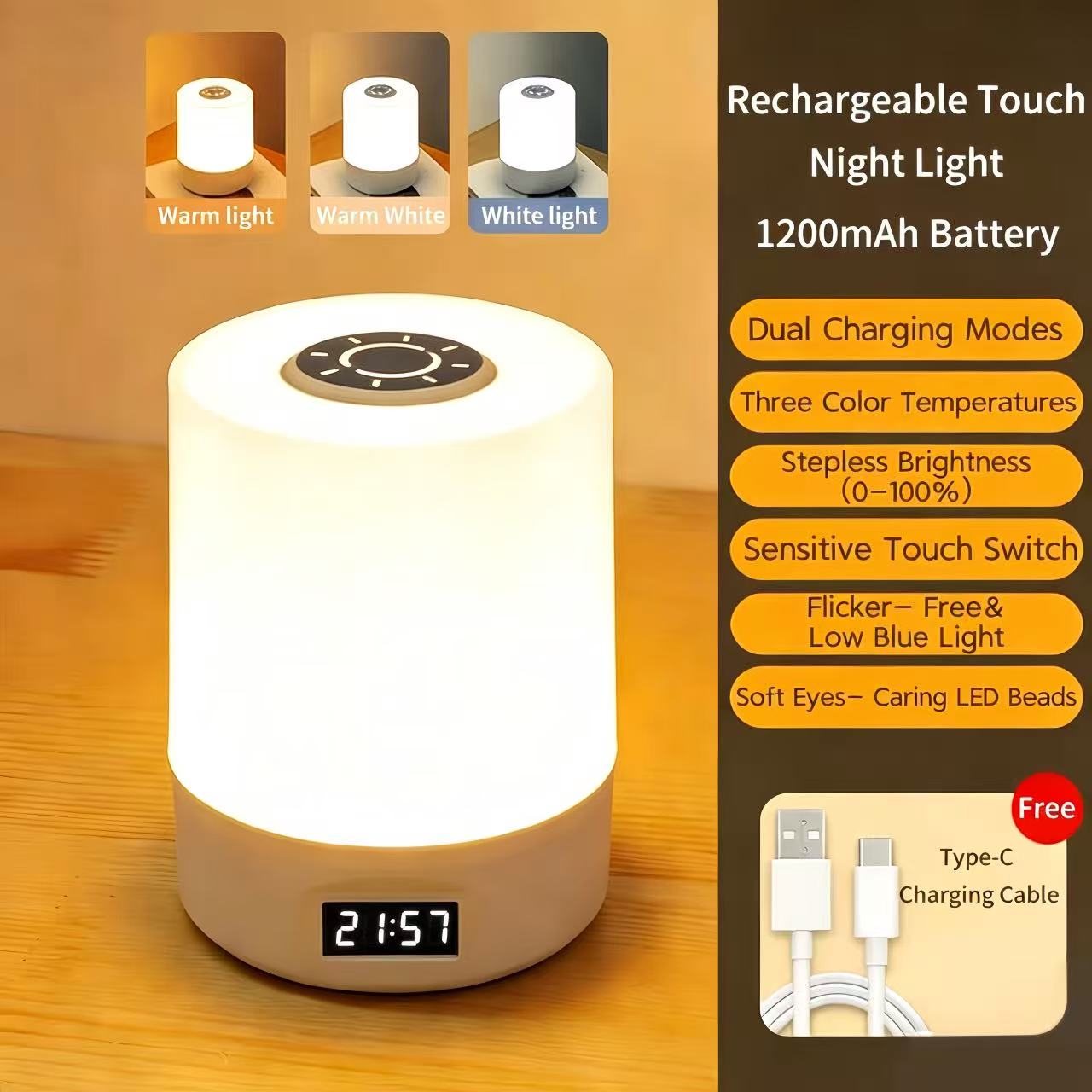 Touch Night Light LED Dimmable 3 Color USB Rechargeable Bedside Lamp with/Without Clock
