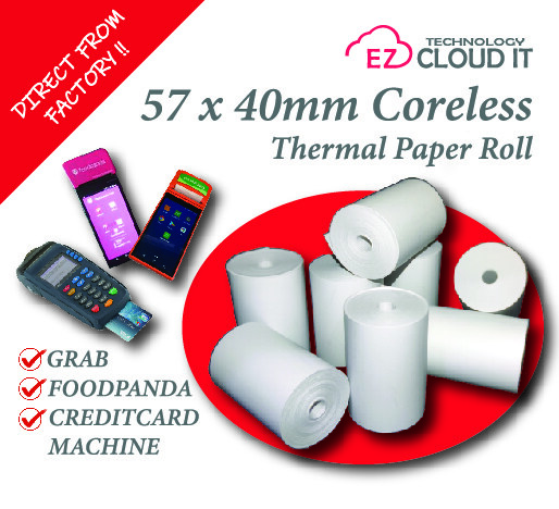 57mm X 40mm Coreless Paper Roll for Foodpanda/Grab/Credit Card Thermal Receipt Kertas resit