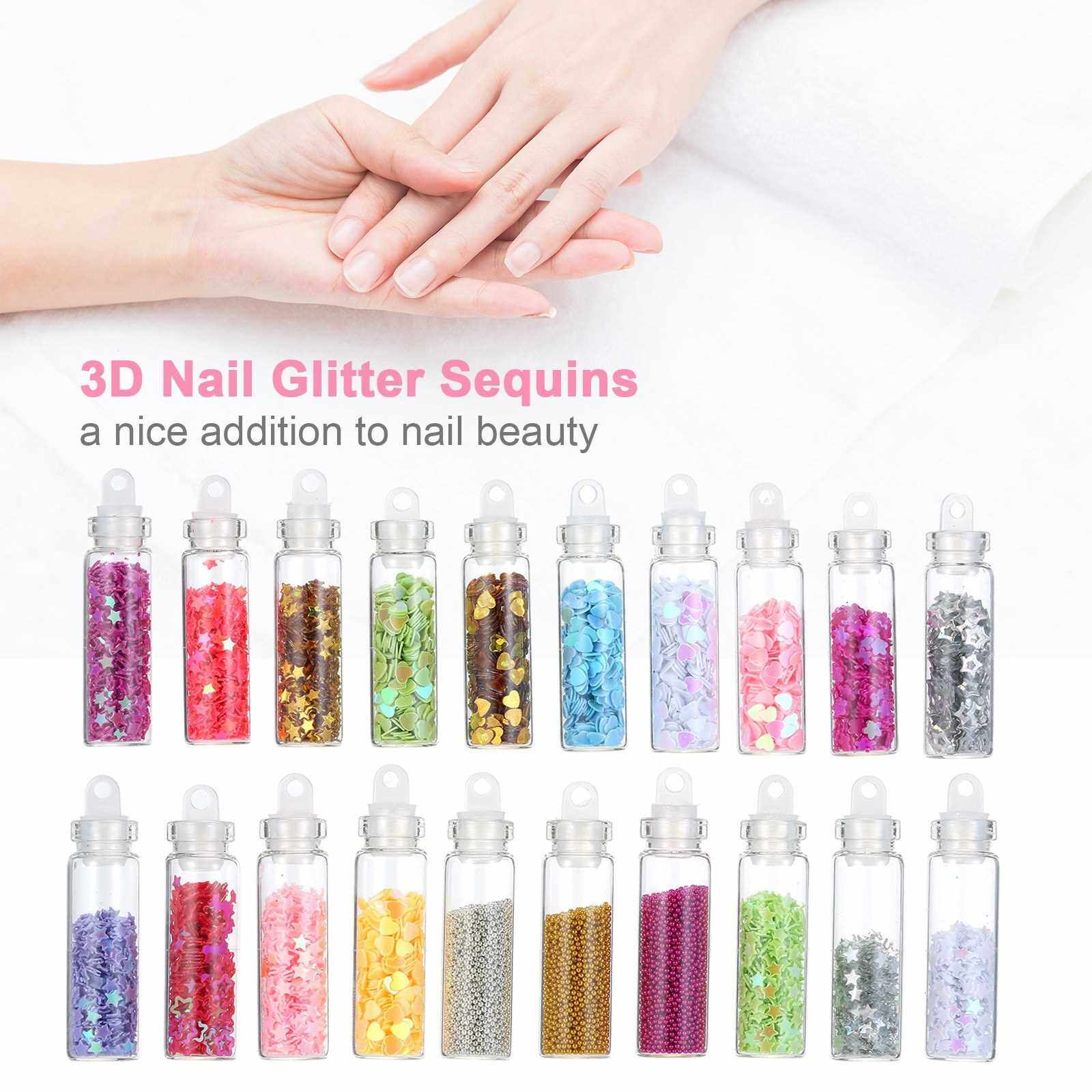 3D Nail Glitter Sequins Nail Glitter Flakes Set Acrylic Nail Sparkle Glitter Stickers Decals for Christmas Nail Art Decoration Mixed Colors & Shapes 20 Bottles (Standard)