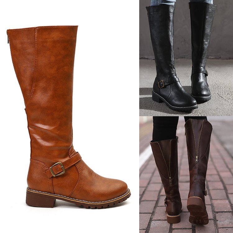 {Advanced shoes city} Independent Station 2020 Foreign Trade FallWinter Hot-Selling European and plus Size round Head Boots Fat and Thin Two Wear Chunky Heel Knight Boots Women