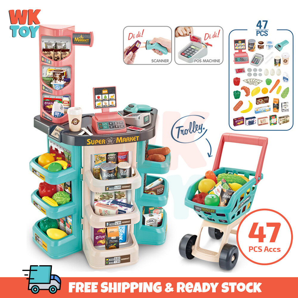 WKTOY 79CM 47PCS Cash Register Food Supermarket Toy Ice Cream Game Shop Pretend Play Shopping Toys