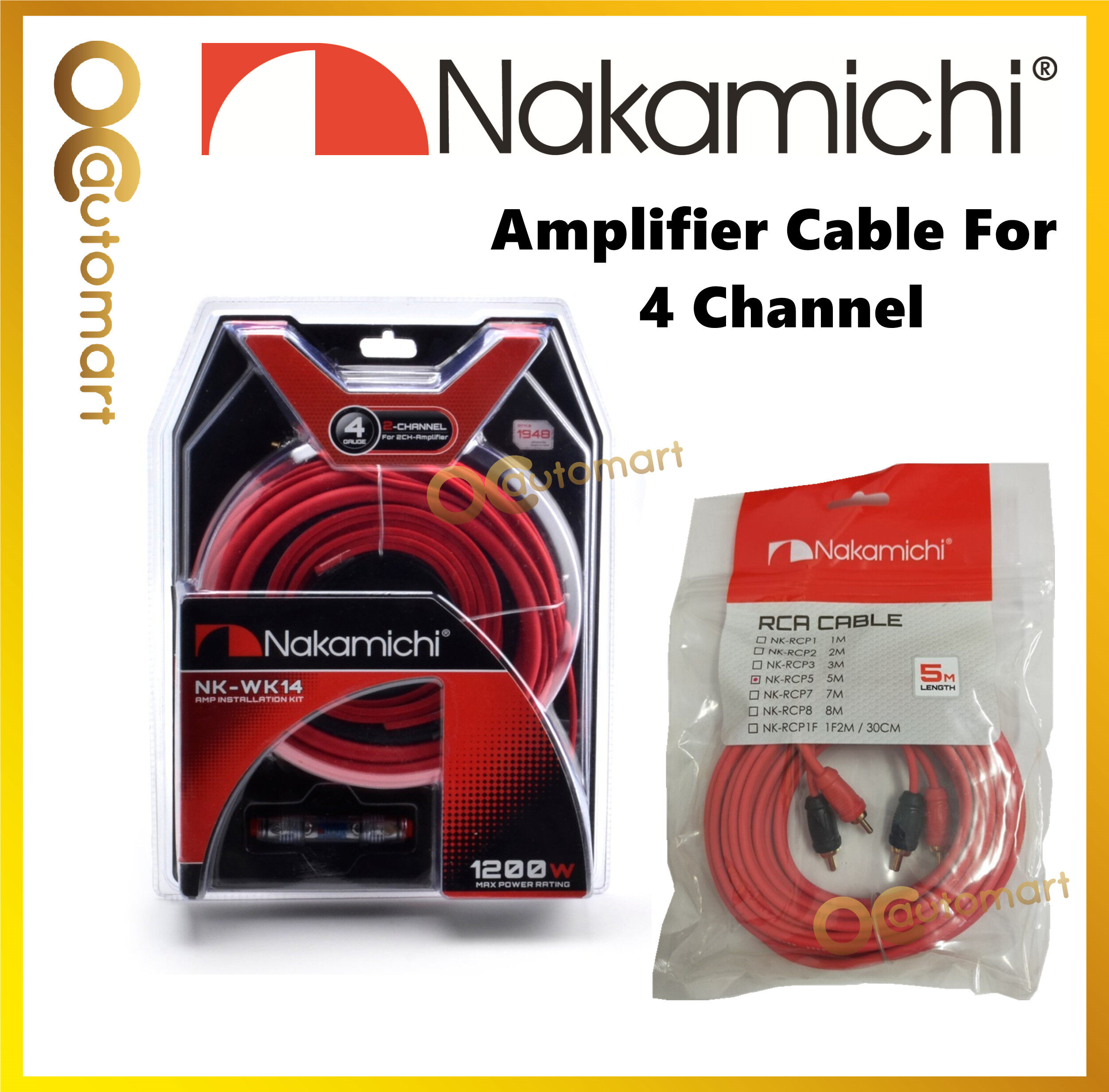 Nakamichi 4 Channel Cable Set 4GA Wiring Kit NK-WK14 And 5 Meter RCA NK-RCP5 Cable Set For Amplifier 4-Channel