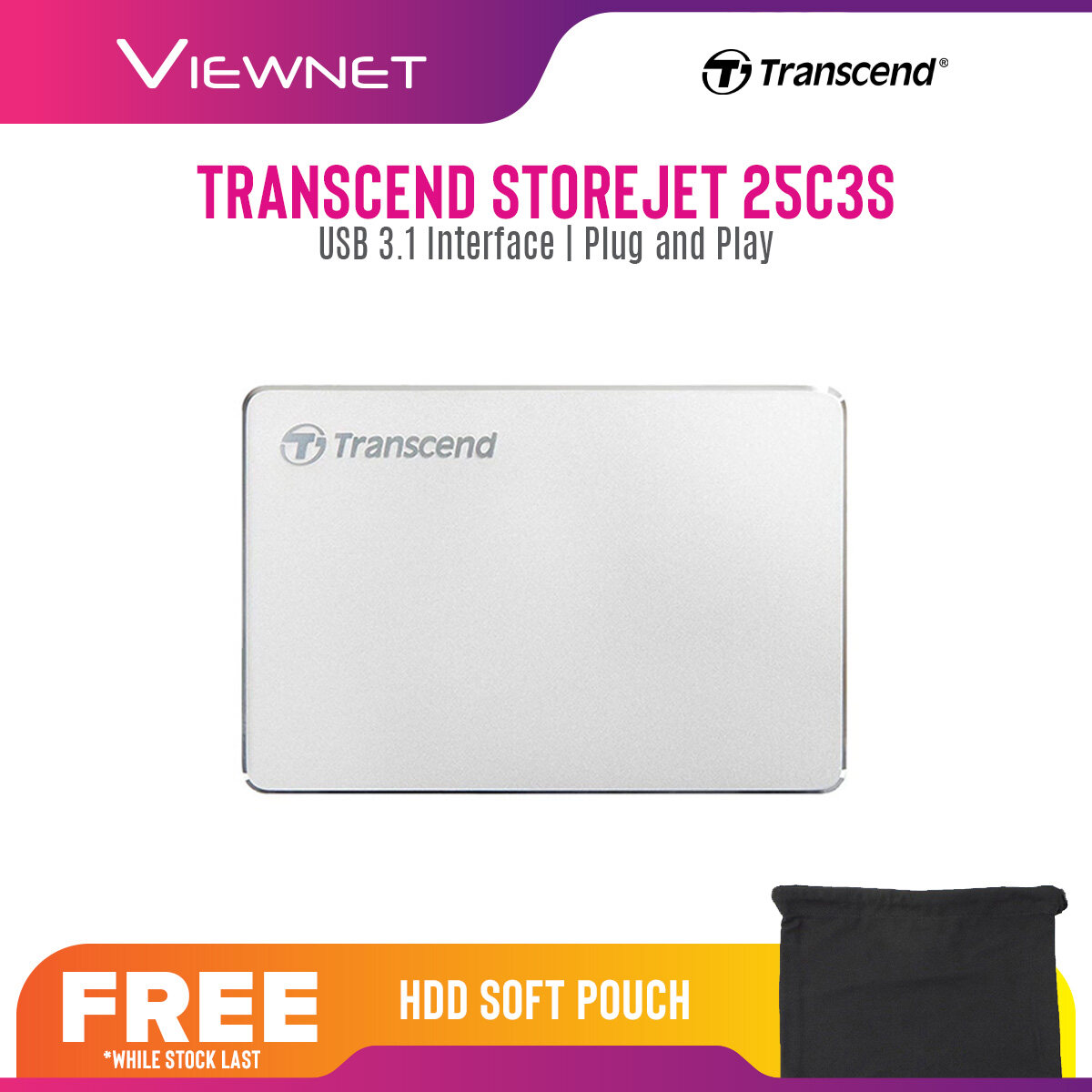 Transcend Portable Hard drive StoreJet 25C3S with Slim Design, USB 3.1 Gen 1 Interface, Up To 5Gbps Trasnfer Speed, Manage data with Transcend Elite Software