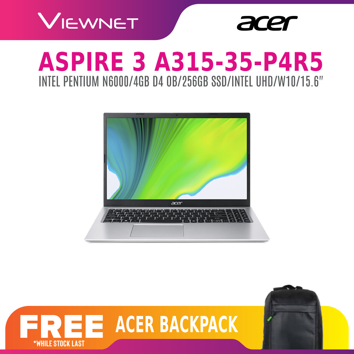 ACER ASPIRE 3 A315-35-P5JS / A315-35-P5F8 / A314-35-P9D3 / A315-35-P4R5  LAPTOP INTEL PENTIUM / 4GB RAM / 256GB PCIE NVME SSD/ 15.6-INCH/14-INCH FHD / WIN 10 FREE BACKPACK