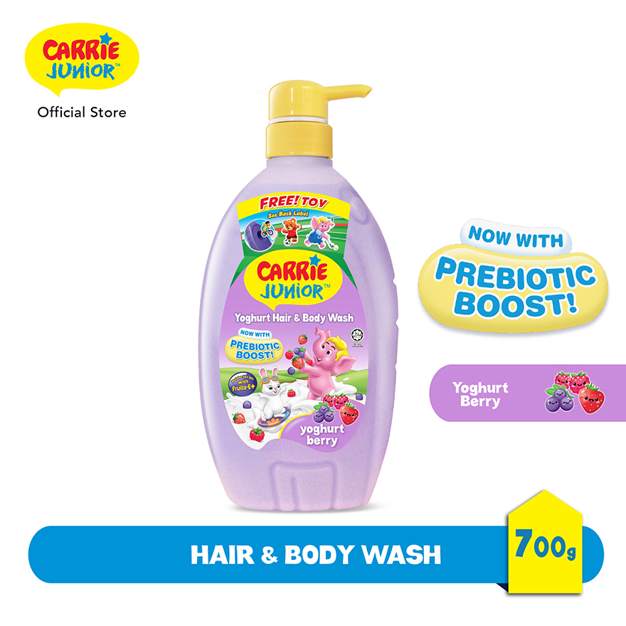 CARRIE JUNIOR Hair & Body Wash - Berry Yoghurt [700g] [New Toy] Sweet Berry Scent & Prebiotics Boost | Kids Shower