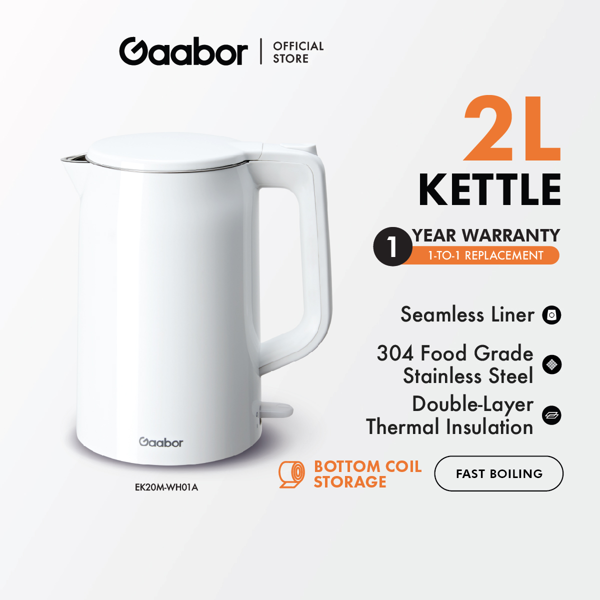 Gaabor 2L Stainless Steel Electric Kettle 1500W with Fast Boil & Safety Cut-Off System EK20M-WH01A