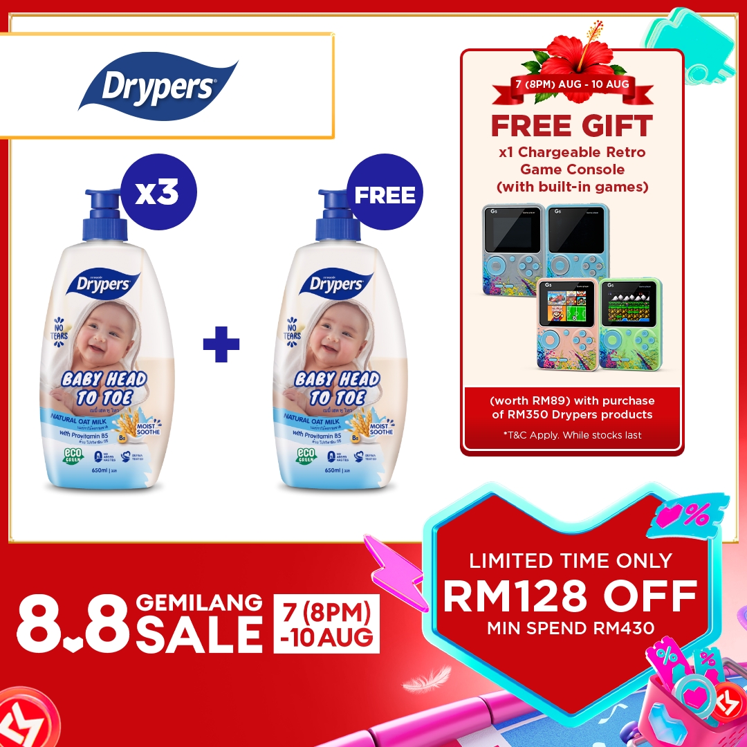 Drypers Baby Head To Toe 650ml (3 Bottles) FREE 650ml 1 Bottle - Tear Free & Baby Friendly Fragrance