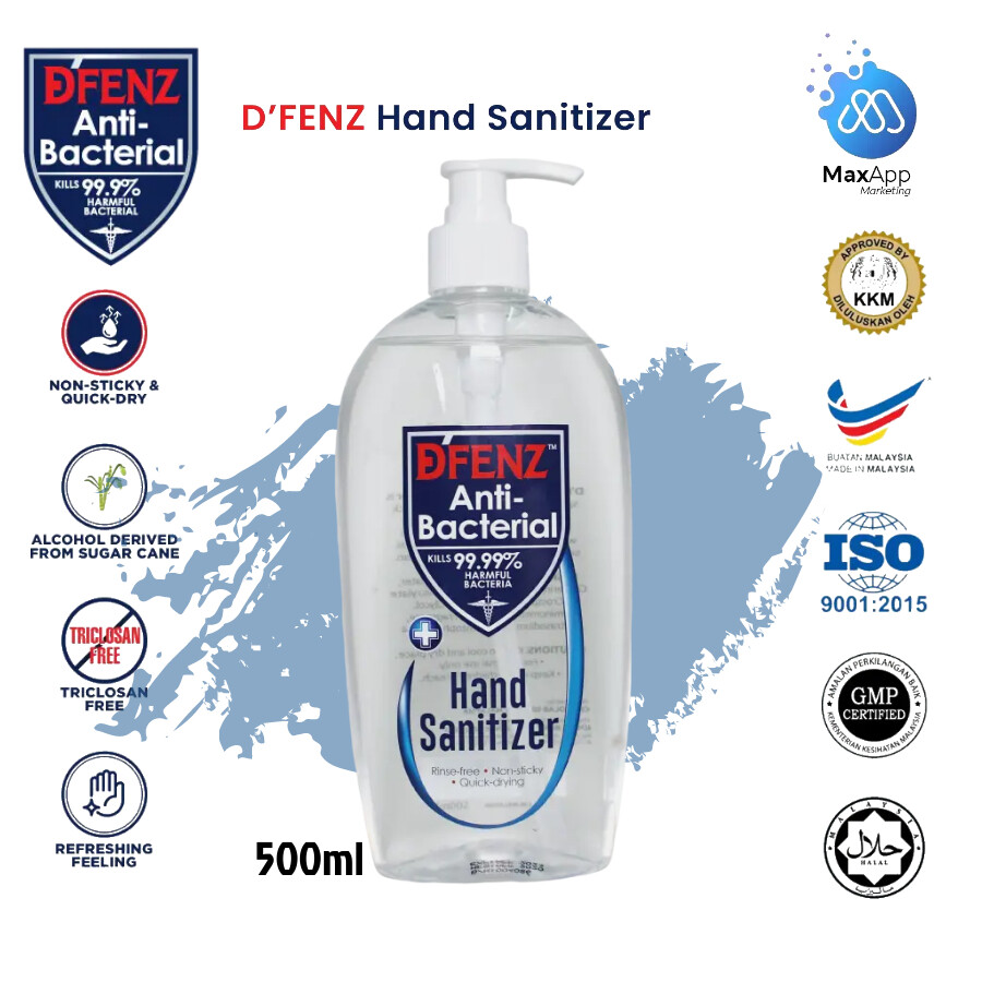 D'FENZ Anti-Bacterial Hand Sanitizer No Washing Needed Non-Sticky Quick-drying Kill 99.99% of Germs KKM Certified 消毒洗手液