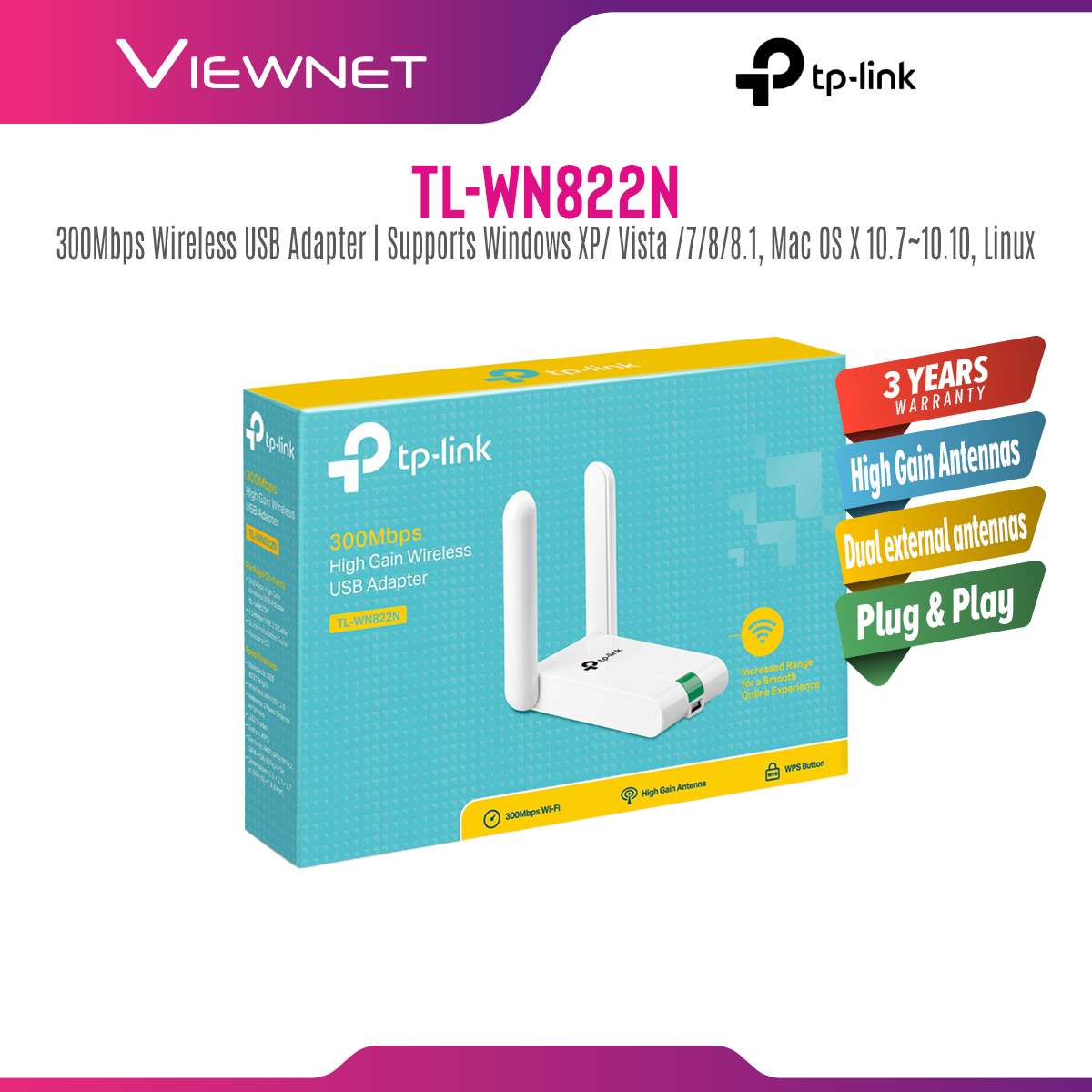 TP-Link TL-WN822N 300Mbps Wifi 3dBi x 2 High Gain Wireless USB Adapter