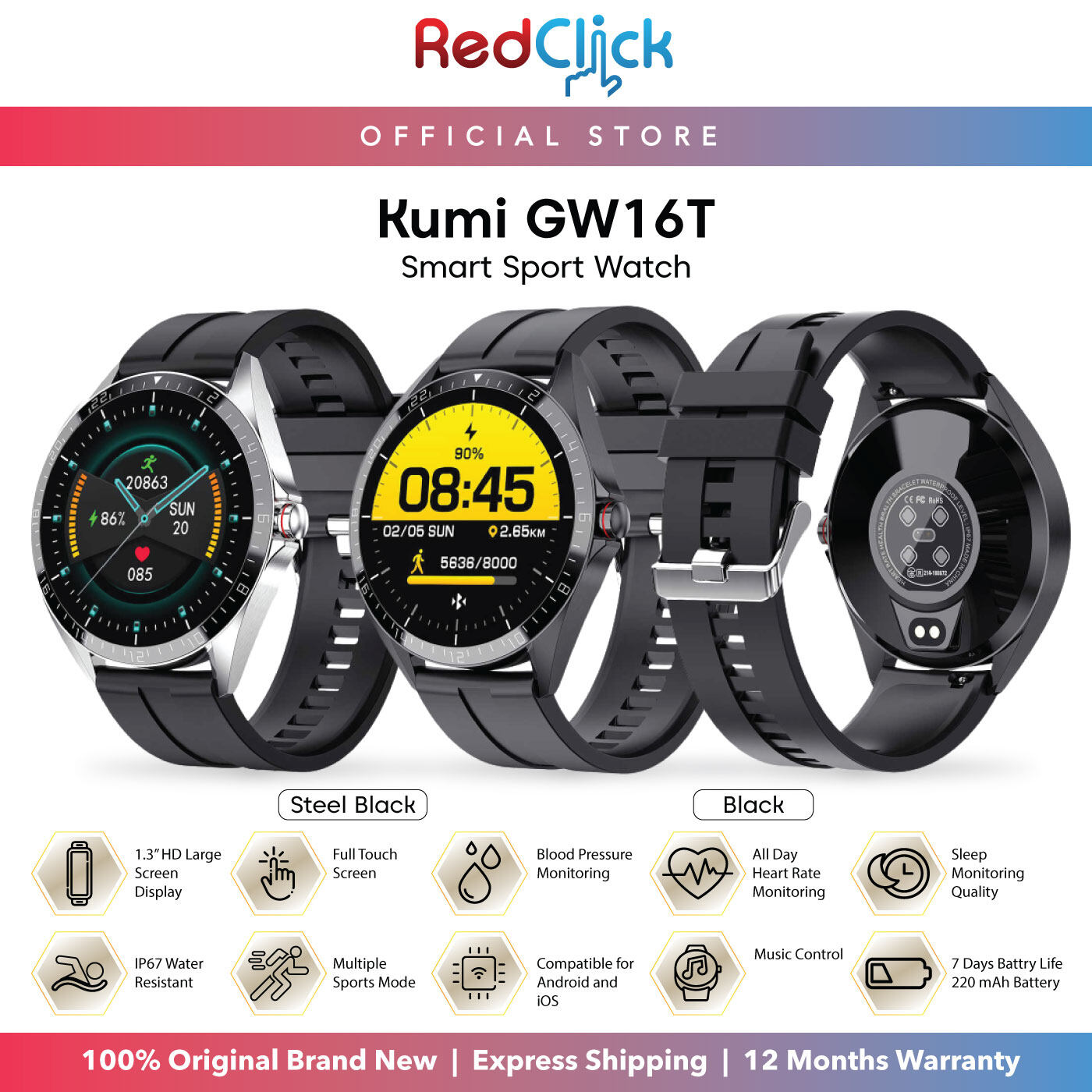 Kumi GW16T 1.3" Display Support Blood Pressure Monitor Water Resistant IP67 Smart Watch