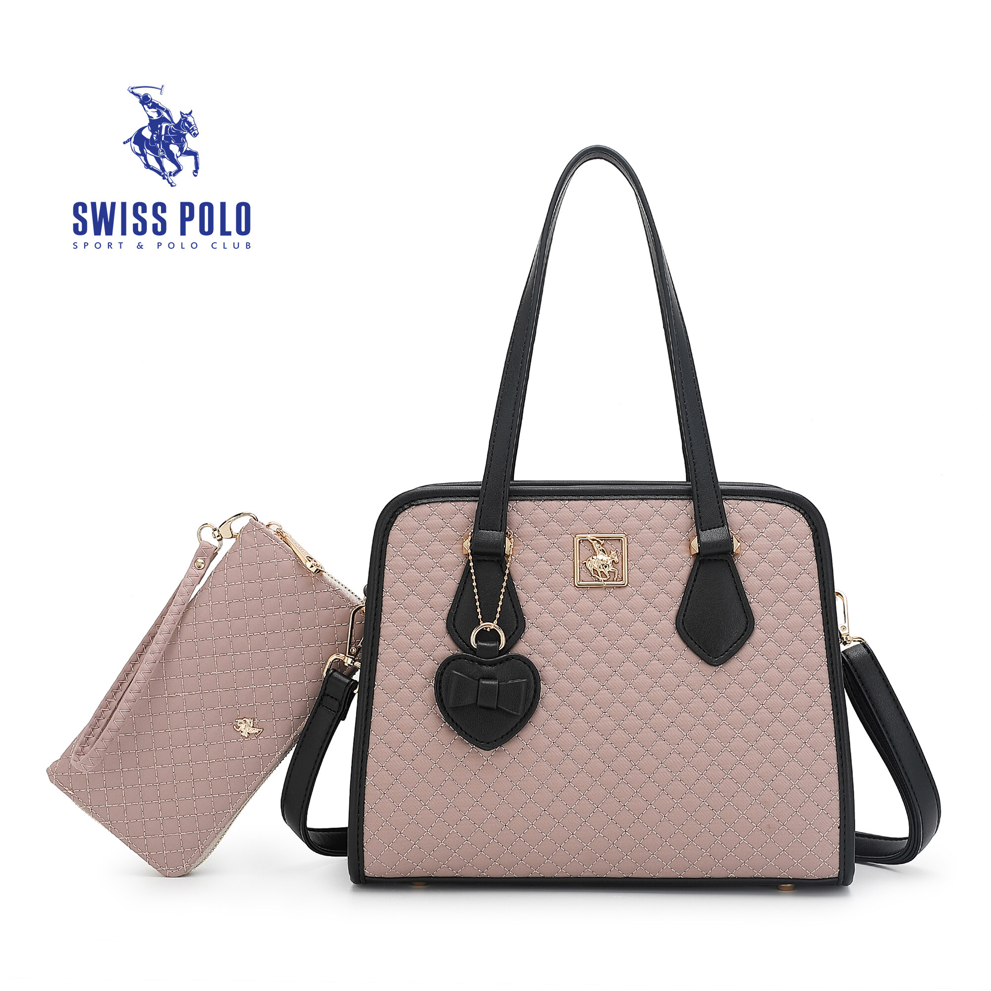 SWISS POLO 2 In 1 Ladies Quilted Top Handle Sling Bag With Long Purse HHN 3979-2 PINK