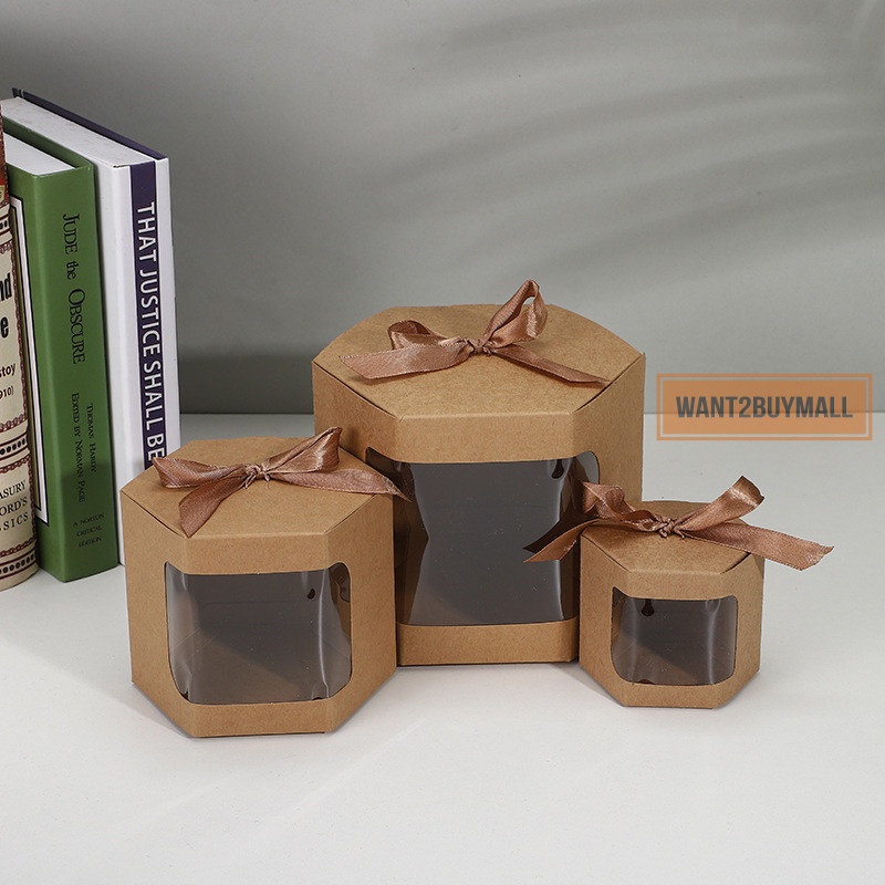 🇲🇾 Creative Hexagon Kraft Paper Box With Window Ribbon / Candy Cake Party Gift Box With Transparent Window Packing Kotak