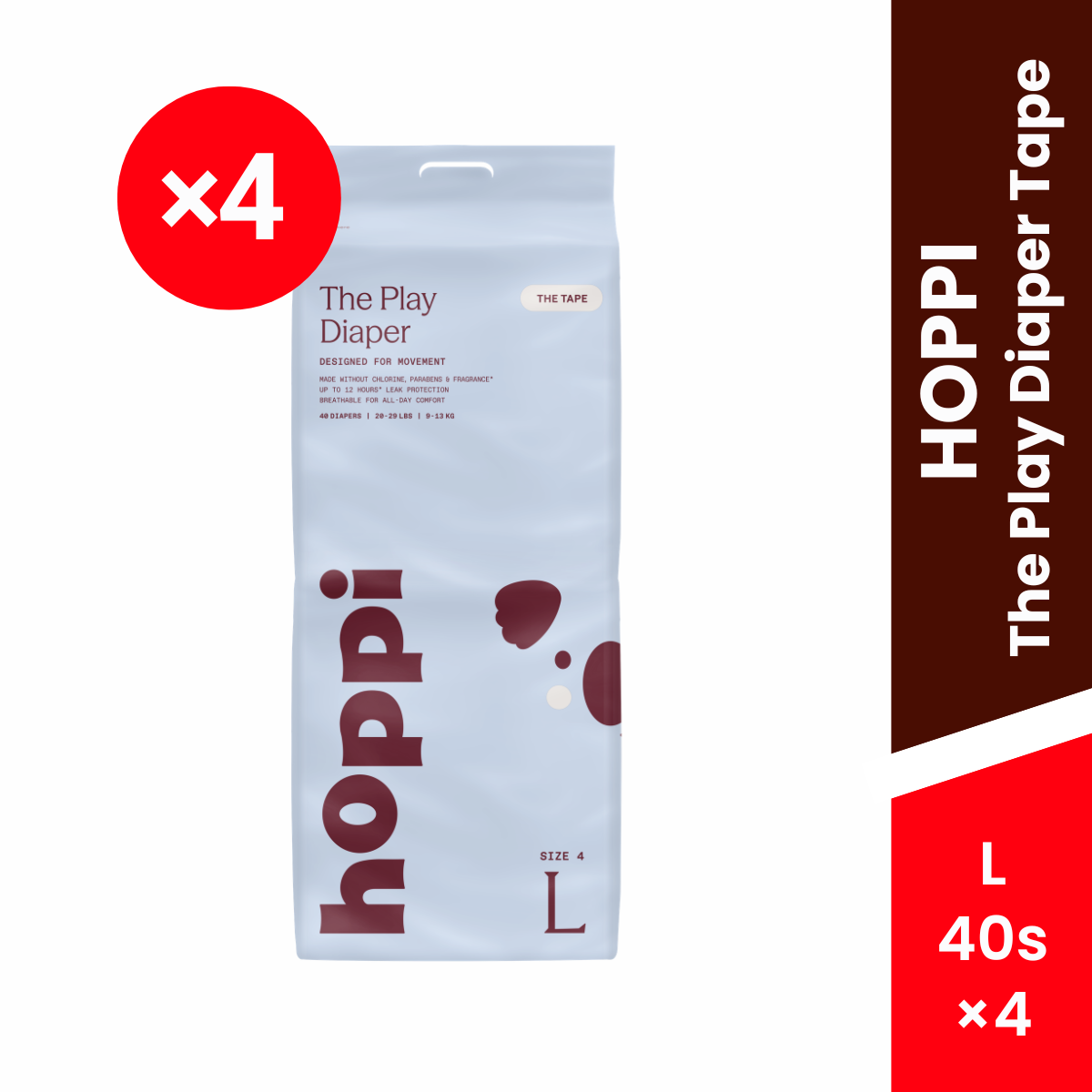 HOPPI The Play Diaper Tape Carton (× 4 packs) (NB 62s / S 56s / M 44s / L 40s)