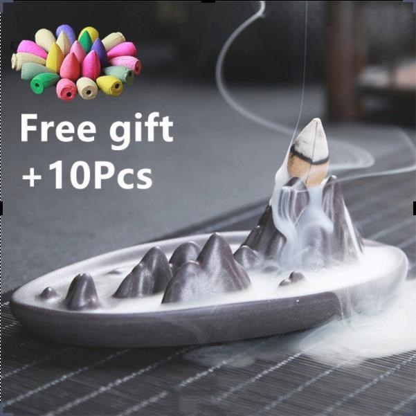 Ceramic Backflow Incense Burner Lotus Incense Sticks Sandalwood Incense Burner Waterfall Resin Censer Home Fragrance 瀑布倒流香炉 陶瓷香炉 佛手香炉送十粒香