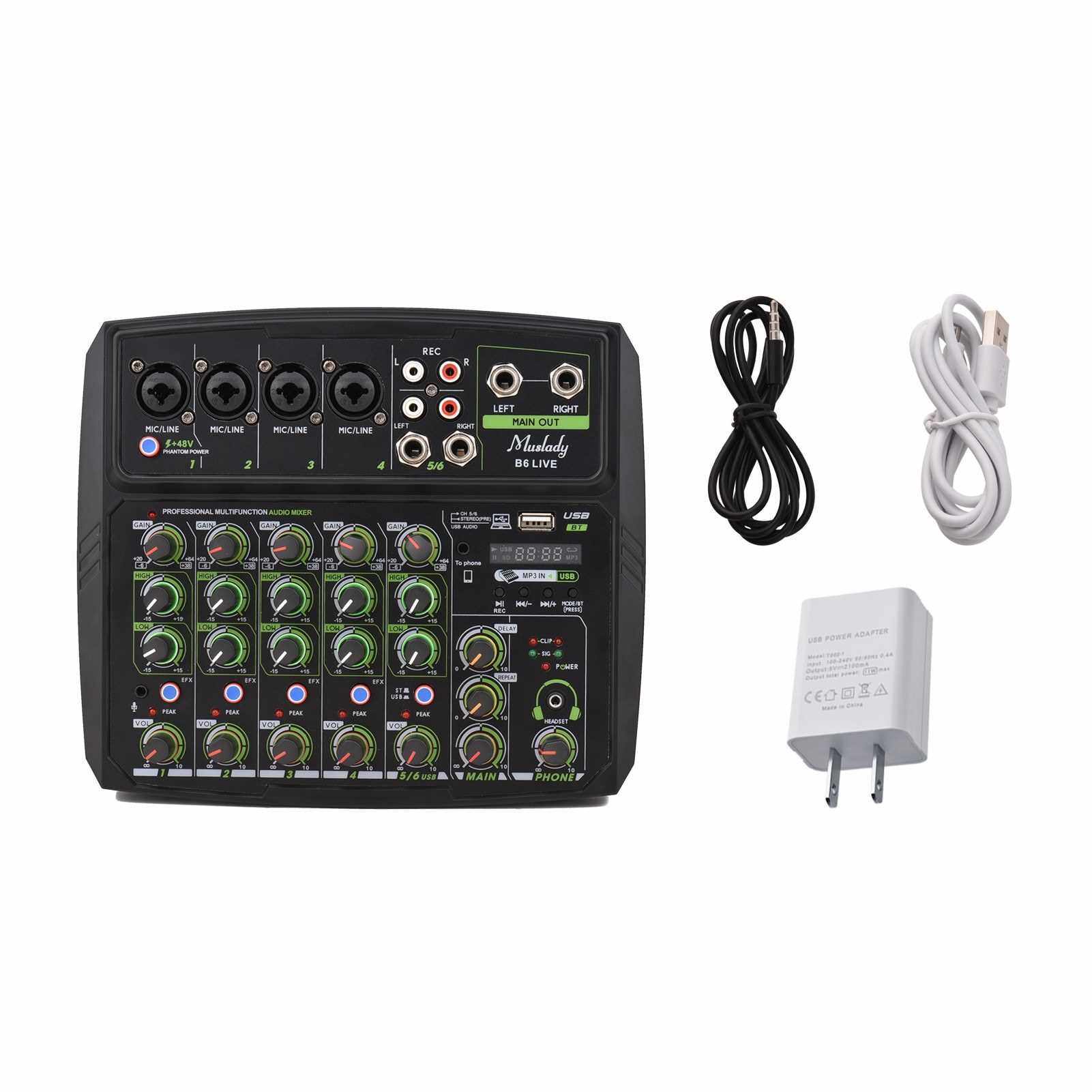 Muslady 6-Channel Audio Mixer Mixing Console LED Screen Built-in Soundcard USB BT Connection with 2-band EQ Gain Delay Repeat Control Record Live Broadcast Function with +48V Phantom Power for Karaoke Live Broadcast (Us)