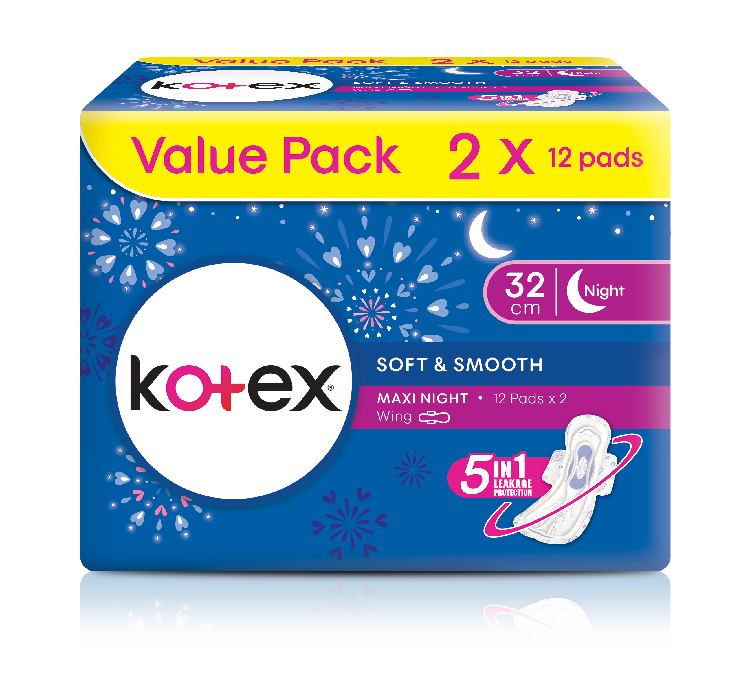 KOTEX SOFT AND SMOOTH MAXI NIGHT 32CM WING (12s X 2pack)