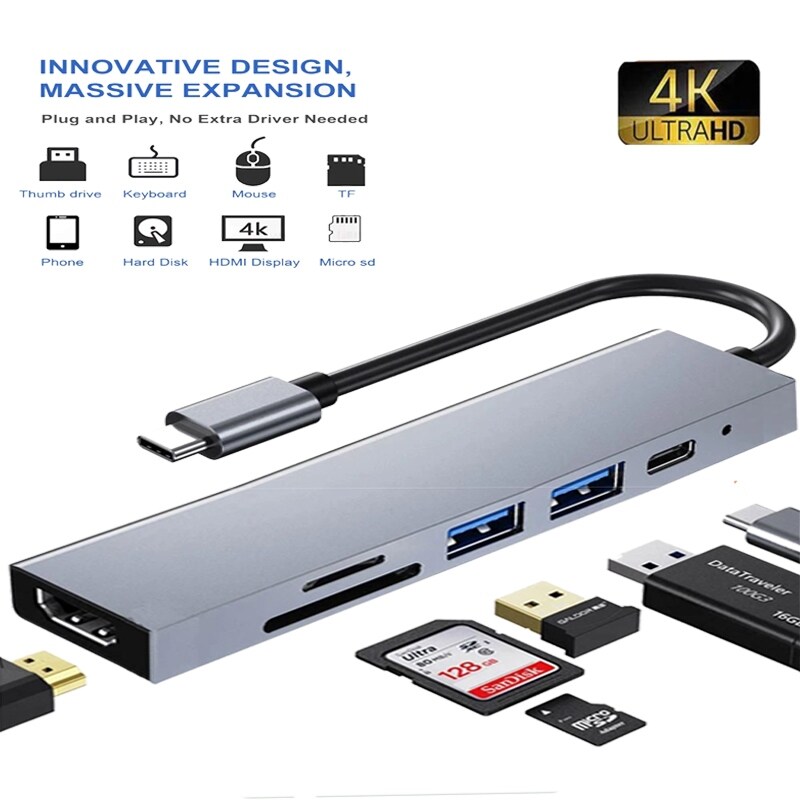 [LUNA electronic accessories] 1pc 5gpbs High Speed Multi Splitter Adapter 5 In 1 Usb Hub 3.0 For Macbook 13/15 Air 4 Port 2.0 Type-c 6