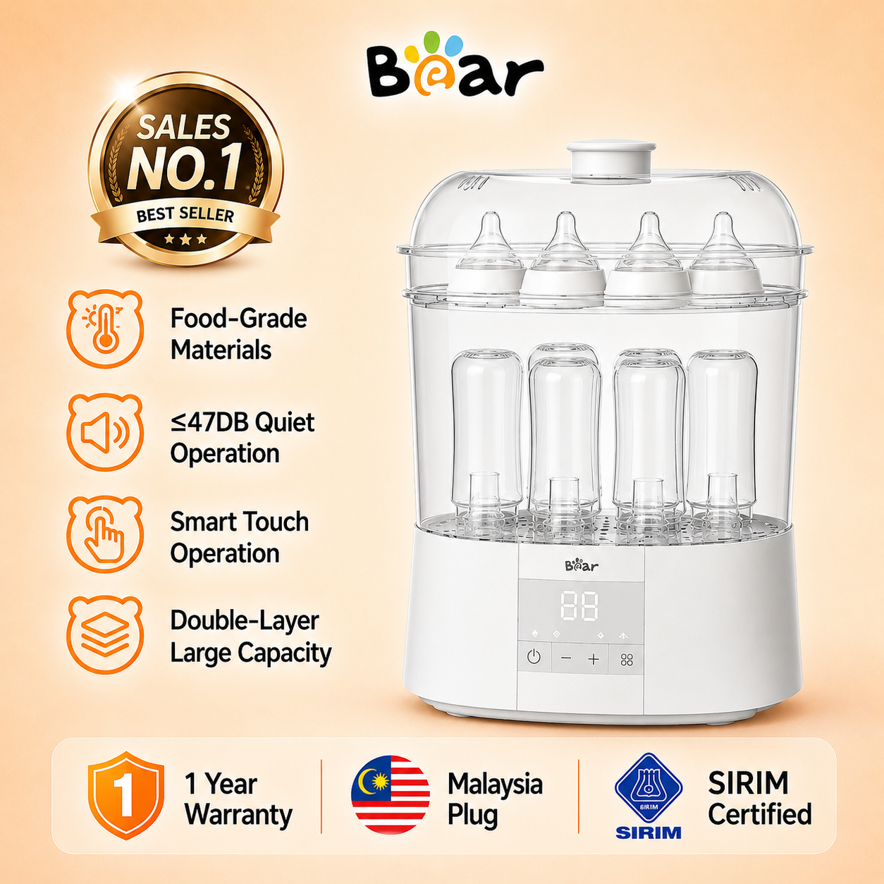Bear XJessc Exclusive Baby Bottle Sterilizer and Dryer 99.9% Germ-Free Steam Sterilization + PTC Hot Air Drying