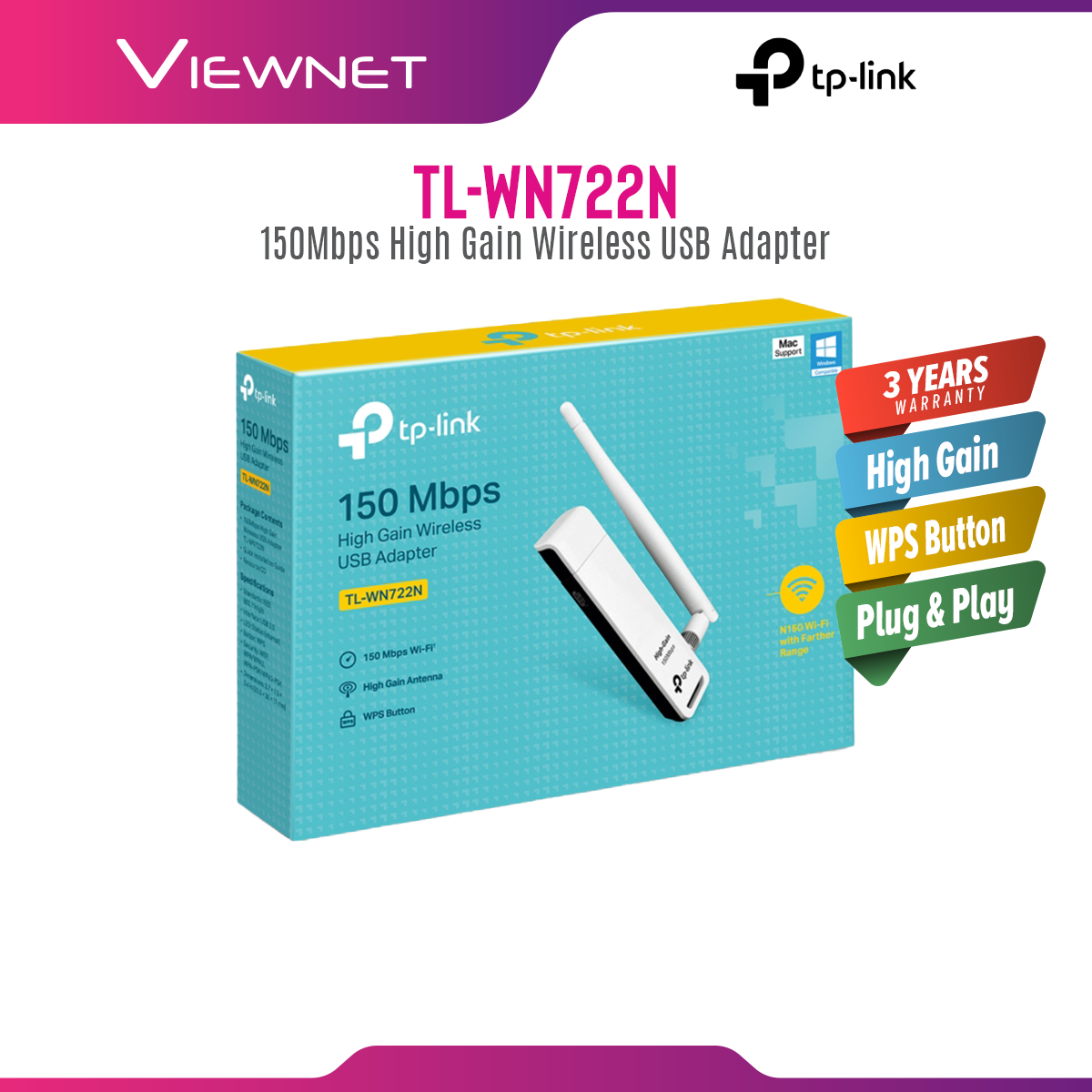TP-Link TL-WN722N 150Mbps High Gain Wireless USB Wifi Adapter For Laptop & Desktop