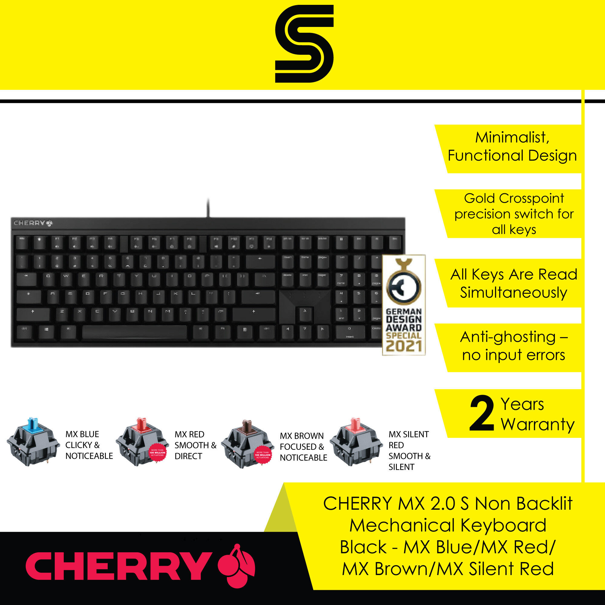 CHERRY MX 2.0S Non Backlit Mechanical Keyboard - Black - MX Blue/MX Red/MX Brown/MX Silent Red