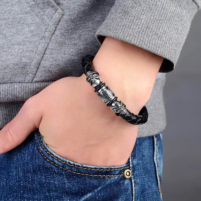 Vòng Tay Khóa Nam Châm Bằng Thép Không Gỉ Đầu Lâu Phong Cách Punk Gothic Cổ Điển Mới Vòng Tay Bện Bằng Da Đá Quyến Rũ