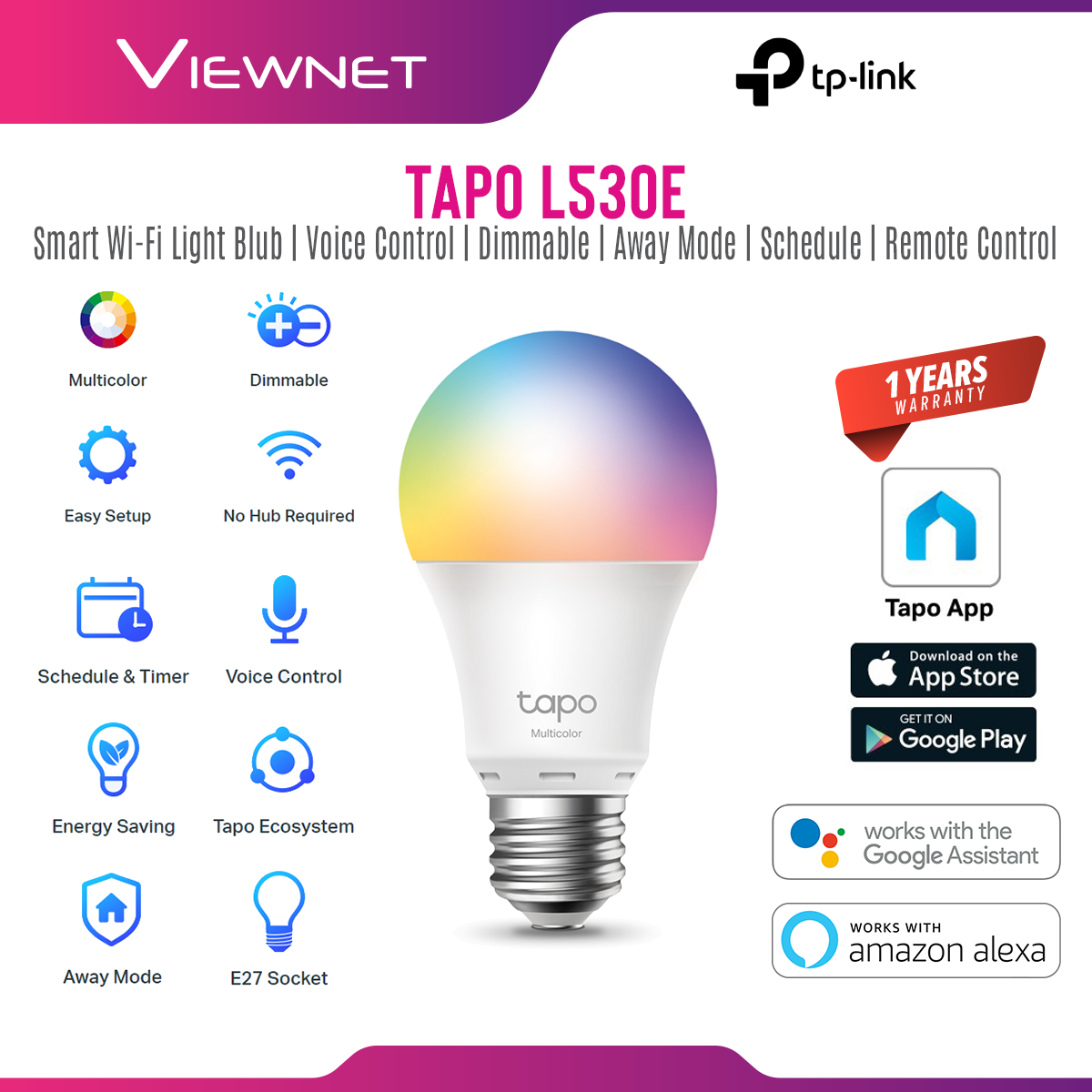 TP-LINK Tapo L530E Wifi E27 Smart Multi Colour Light LED Bulb (Google Assistant & Alexa/Voice & Remote Control /Schedule)