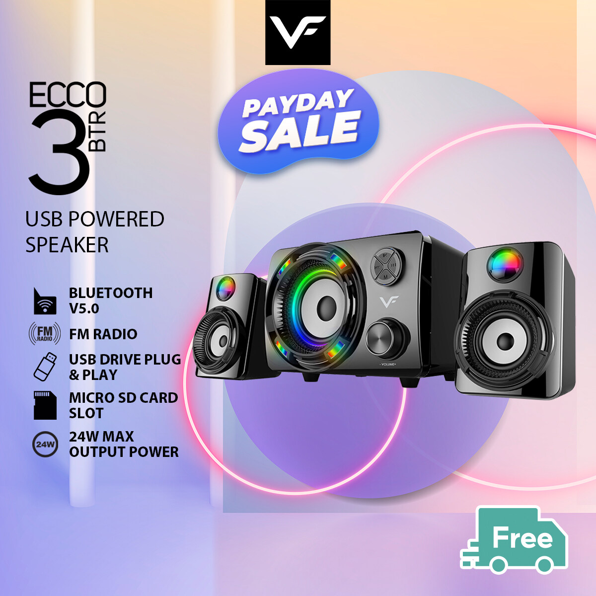Vinnfier VF ECCO 3 BTU 2023 Version Bluetooth Stereo Sound Speaker 7 Color Pulsating LED Lights with FM Radio Micro SD card and USB slot
