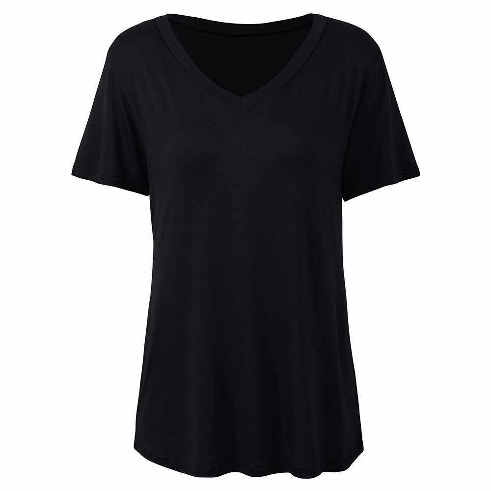 People's Choice New Fashion Women T-shirt Solid Color V Neck Short Sleeve Rounded Hem Long Casual Party Wear Summer Tops (Black)