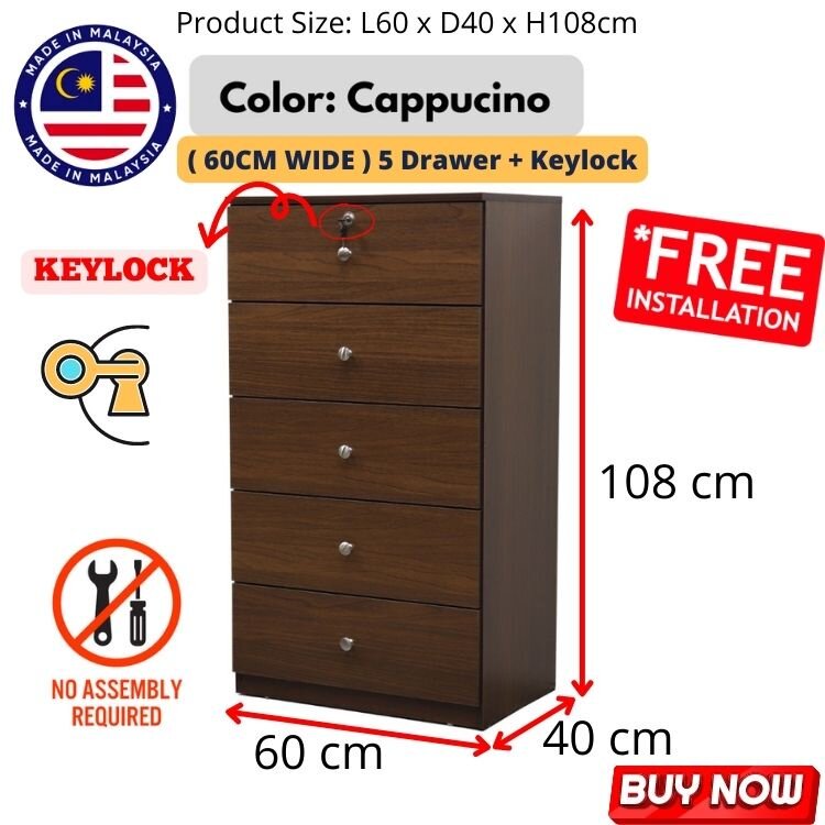 (Free Assemble)Chest Drawer 5 Layer with Lock Laci Almari Baju Wardrobe 5 Tier Storage Cabinet Rak Baju Brown Oak ROAM ENTERPRISE