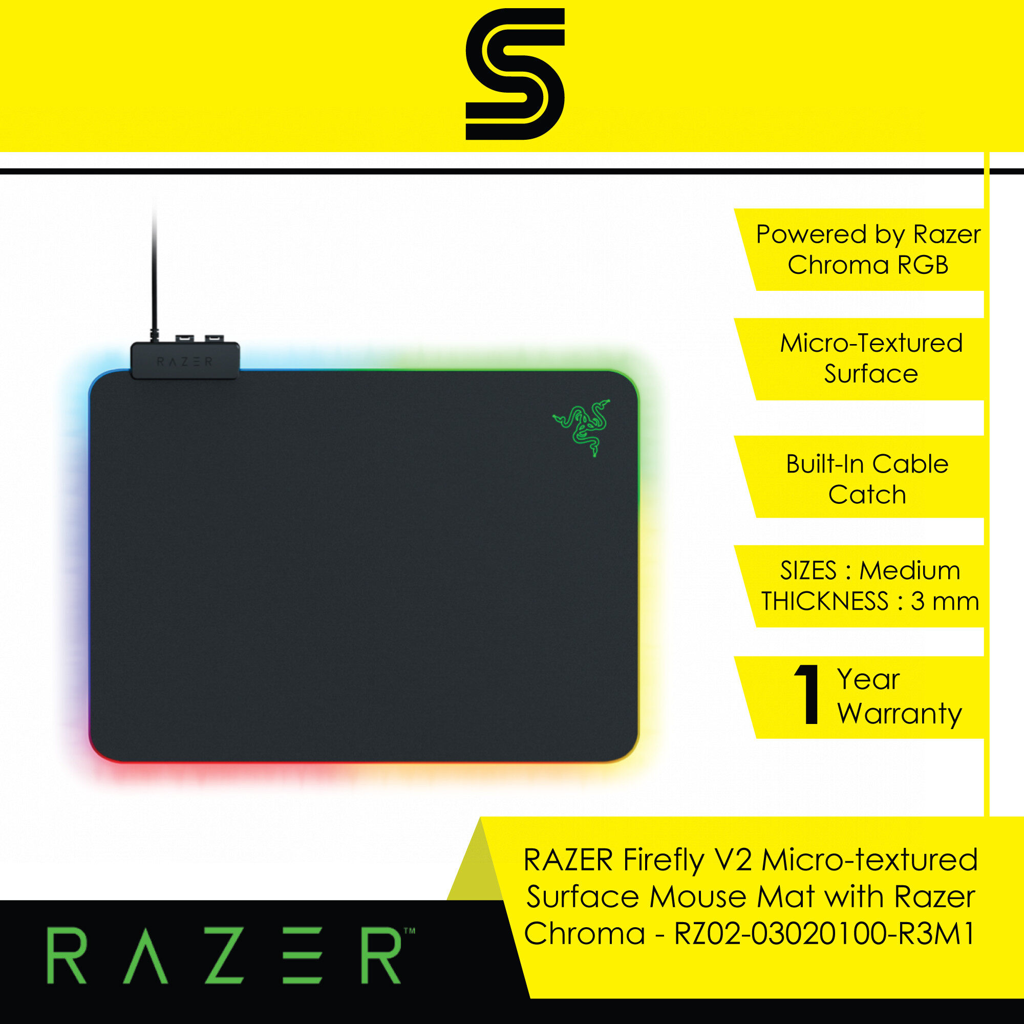 RAZER Firefly V2 Micro-textured Surface Mouse Mat with Razer Chroma - RZ02-03020100-R3M1