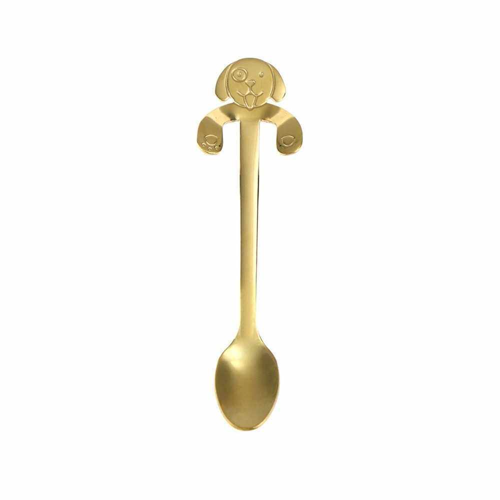 Cute Puppy Spoon 304 Stainless Steel Teaspoon Long Handle Coffee Spoons Sugar Dessert Appetizer Seasoning Bistro Flatware Hanging Cup Scooper Drinking Tools Kitchen Gadget (135mm) (Gold)