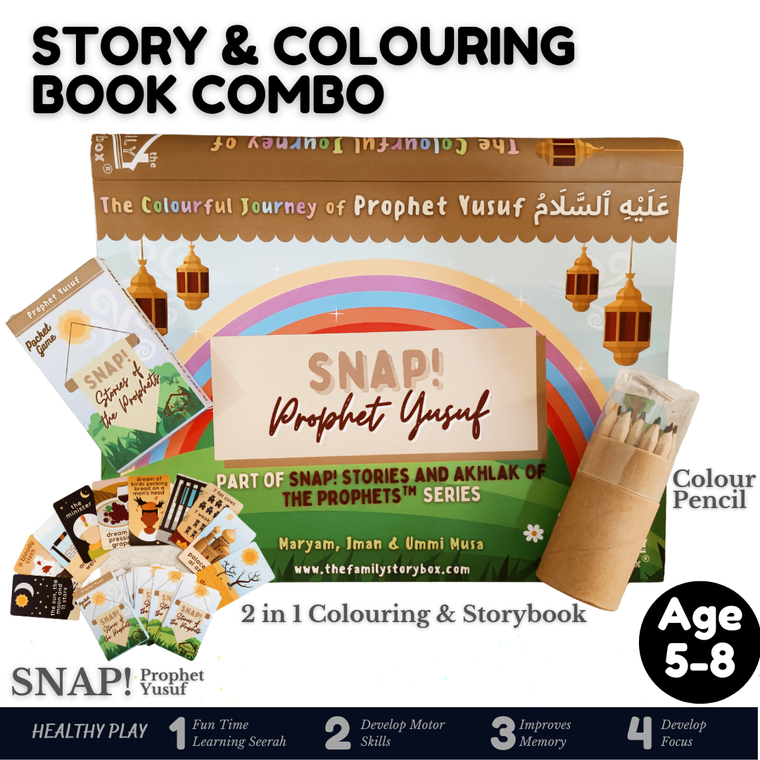 The Family Storybox | Islamic Children Arts: Prophet Yusuf A.S 3 in 1 Coloring Book, Storybook and Pocket Game Combo | Mainan Pendidikan Buku Kanak-kanak