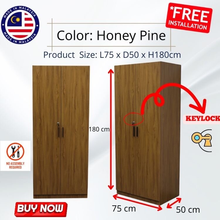 (Free Installation) Almari Baju Murah dengan kunci 2 Pintu Wardrobe Cabinet with Lock 2 Door Cupboard Light Brown Color