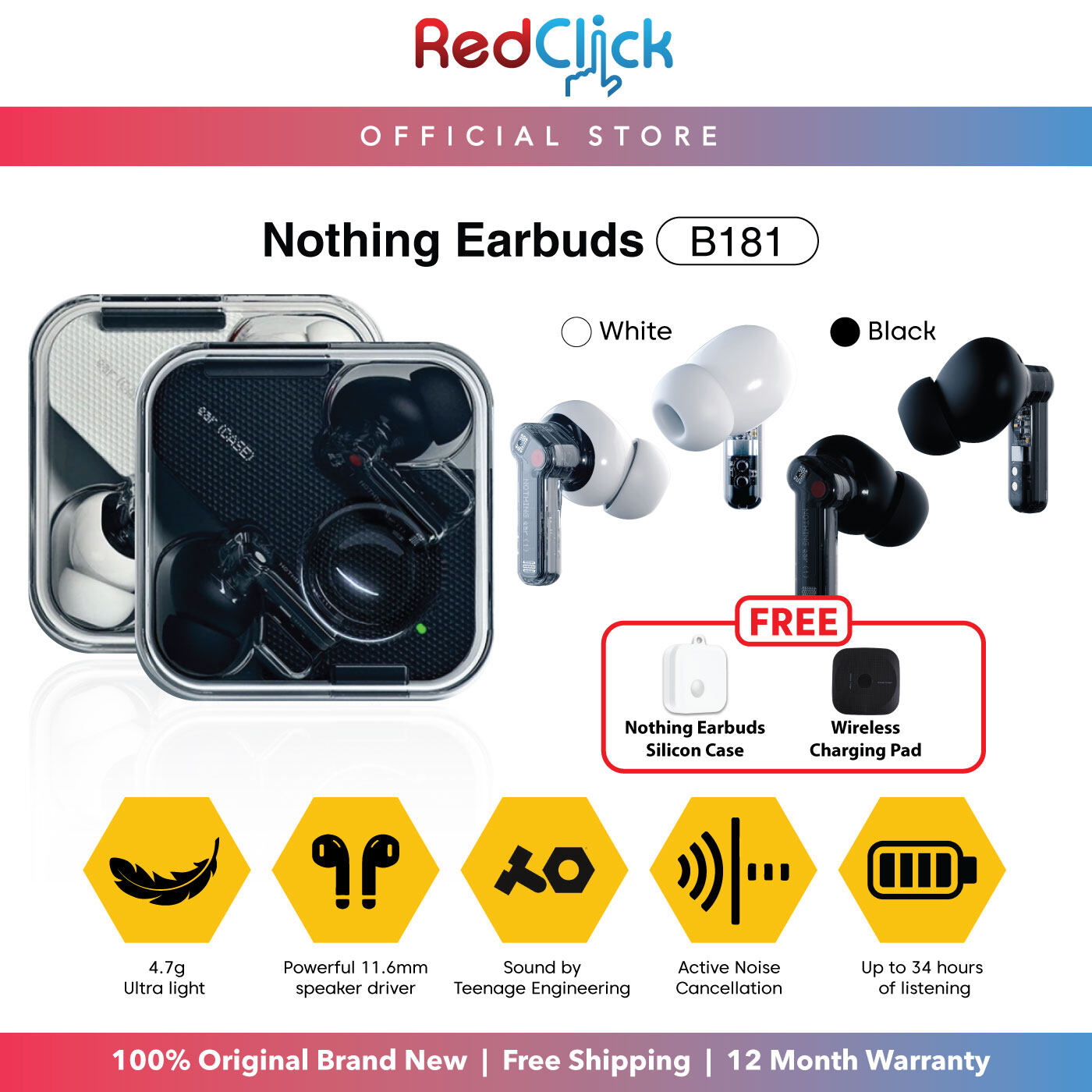 Nothing Earbuds B181 TWS Wireless Earbuds Bluetooth 5.2 Ultra Light-Weight Powerful Speaker Driver Support Active Noise Cancellation Long Battery Life + Free Gift