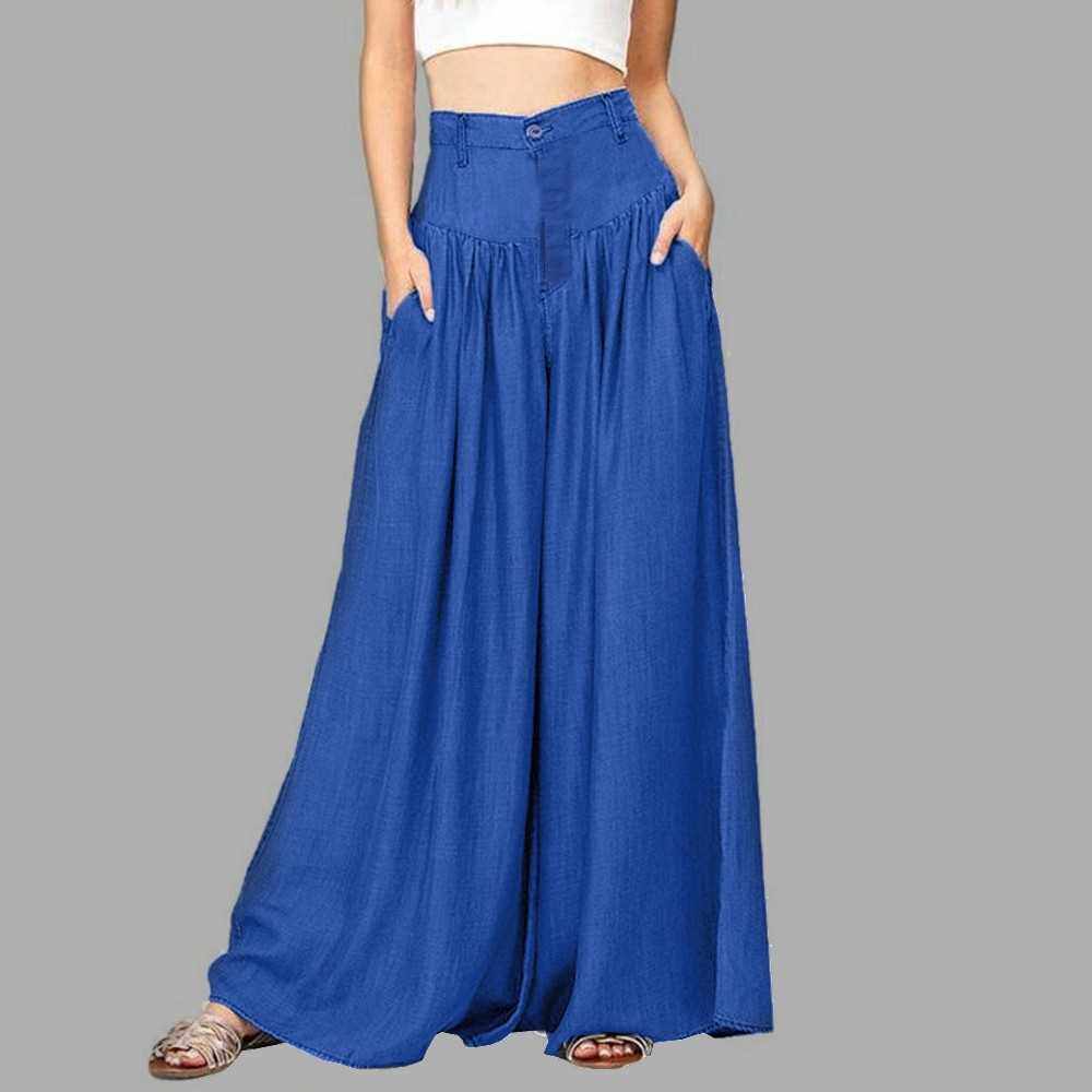 Women Solid Color Pants Wide Leg Pants High Waist Button Zipper Pocket Casual Loose Plus Size Trousers (Blue)