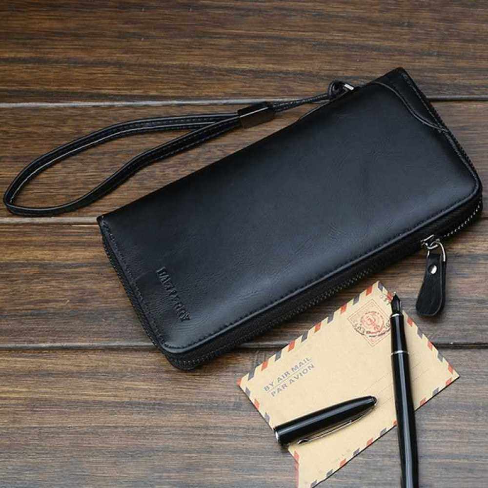 Men Long Wallet PU Leather Sling Zipper Interior Pocket Multifunctional Solid Color Fashion Purse Handbag (Black)