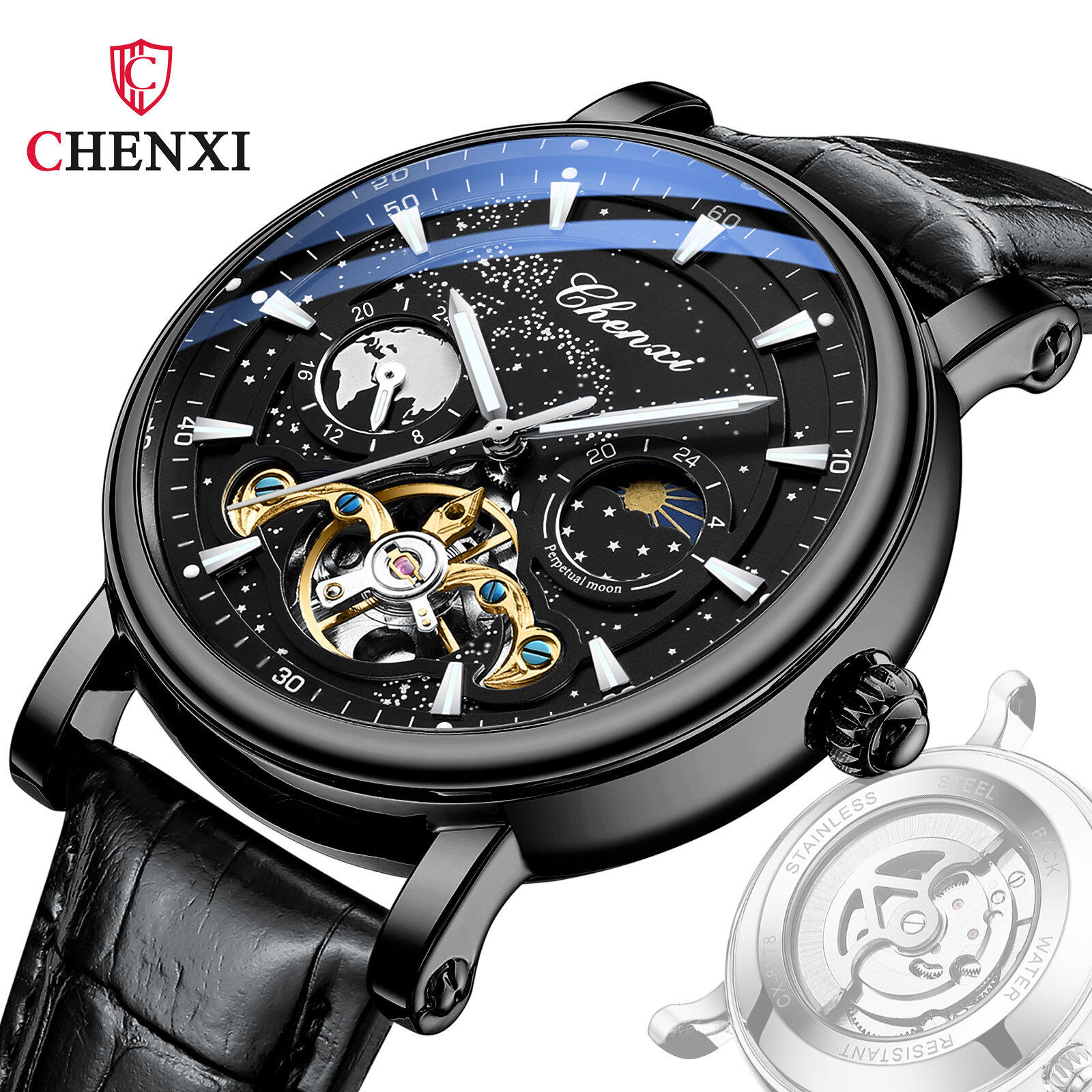 Chenxi CX-8872 Xinghe Moon Phase Hollow Flywheel Luminous Live Cross-Border Business Belt Men's Mechanical Automatic Watch