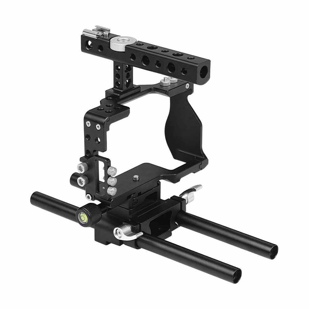 Andoer Camera Cage & Top Handle & 15mm Rod Baseplate Kit Film Movie Making Video Cage Stabilizer Aviation Aluminum with Cold Shoe Mount Cable Clamp for Sony A6000/A6300/A6400/A6500 Camera (Black)