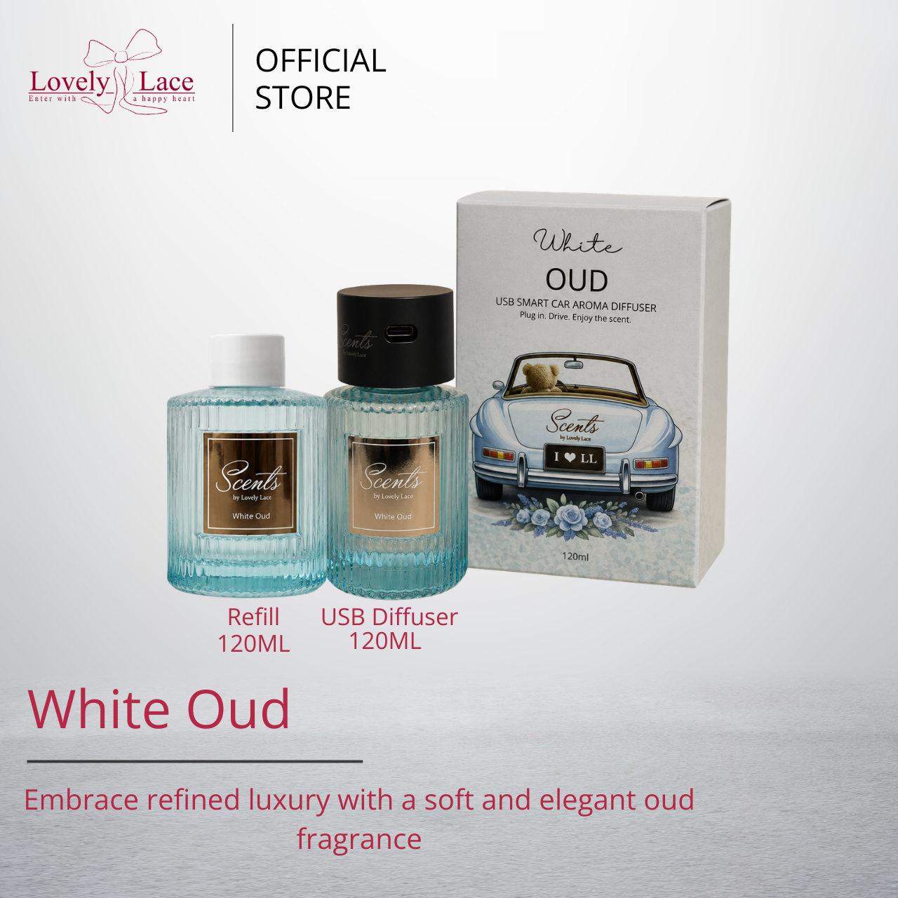 Lovely Lace USB Smart Car Diffuser + Refill 120ML Set (Buy 2 Set FREE 1X PVC Bag Random Colour)