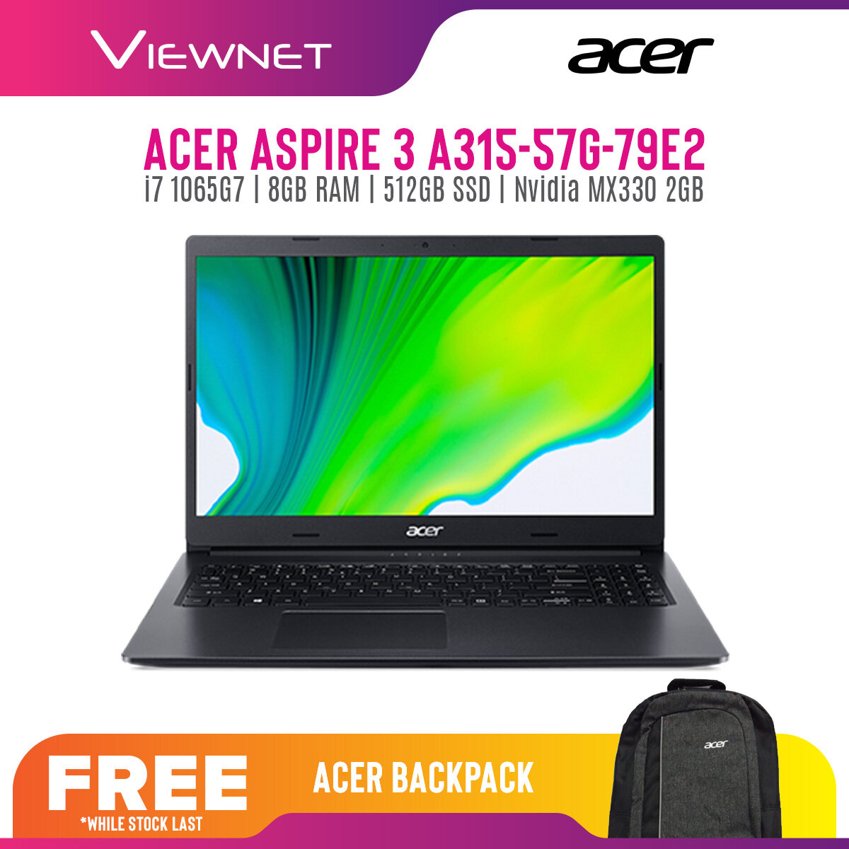 ACER ASPIRE 3 A315-57G-79E2 LAPTOP INTEL CORE I7 1065G7 8GB DDR4 512GB SSD MX330 2GB 15.6