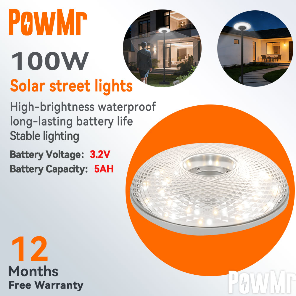 PowMr 100W Solar Street Light IP65 Waterproof UFO Solar Lamp Super Bright Durable 12-Month Warranty Cash on Delivery