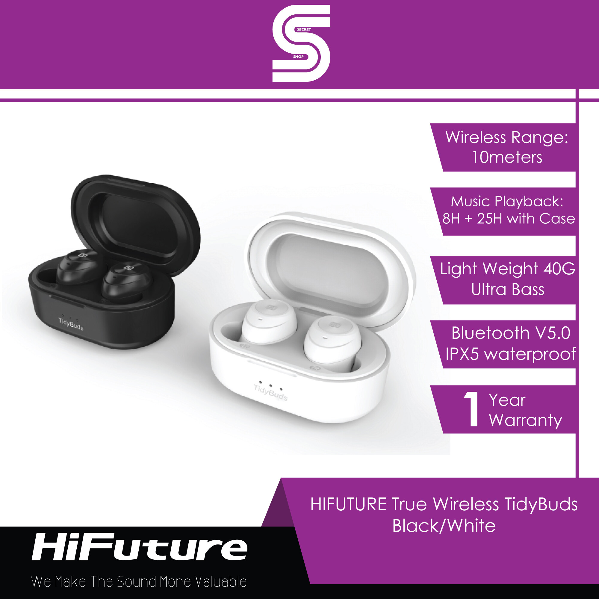 HIFUTURE True Wireless TidyBuds - Black/White