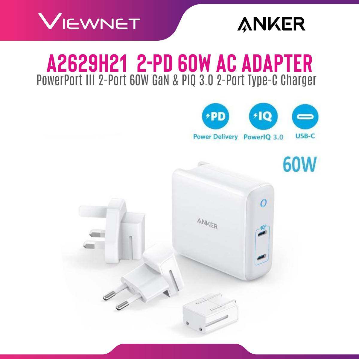 Anker A2629 PowerPort III 2-Port 60W GaN & PIQ 3.0 2-Port Type-C Charger with Intelligent Power Allocation,US/UK/EU Plug