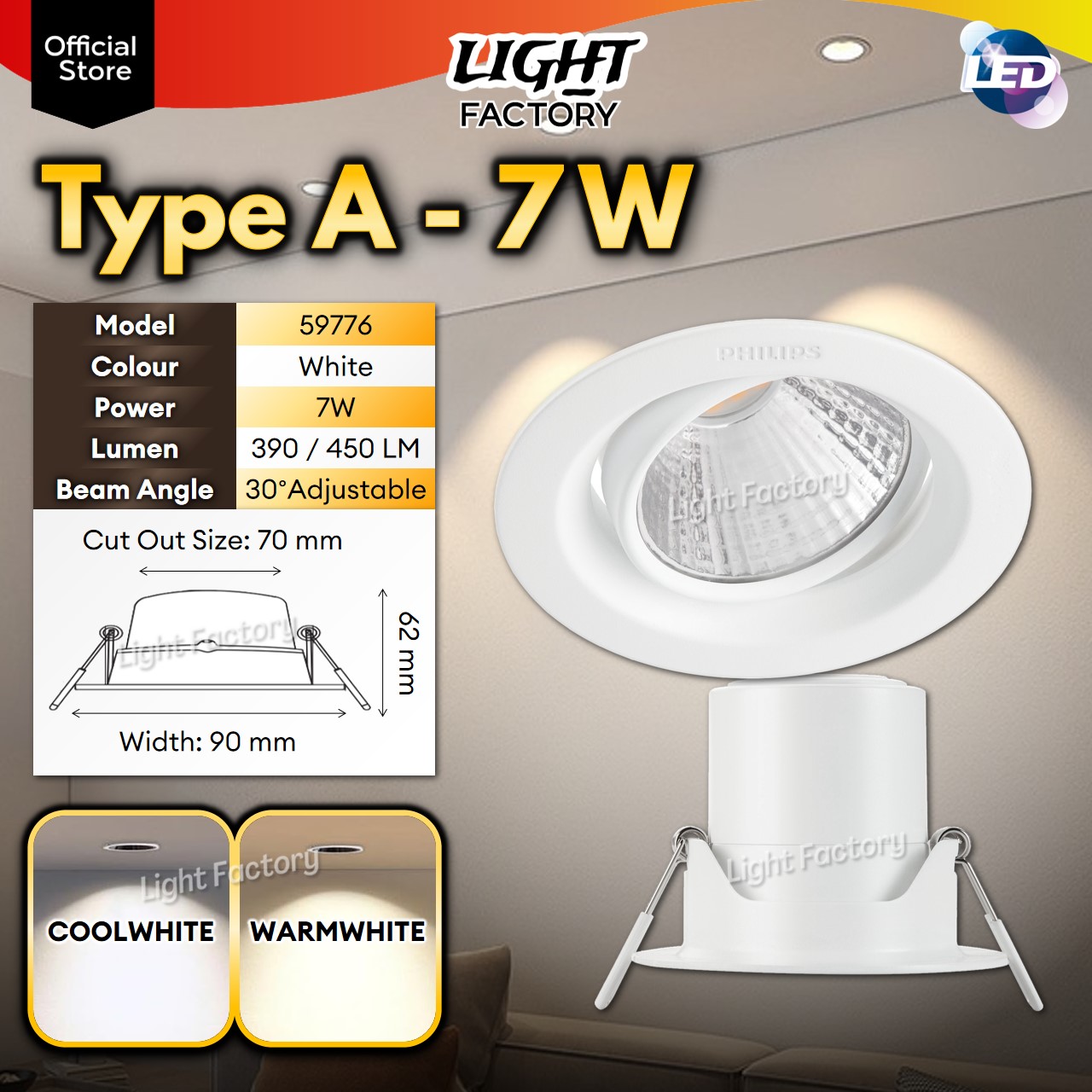 Philips LED Eyeball 59776 Pameron 7W Recess Spotlight SL201 4.5W RS280 SL260 DL260 Ceiling Light Downlight Lampu Siling