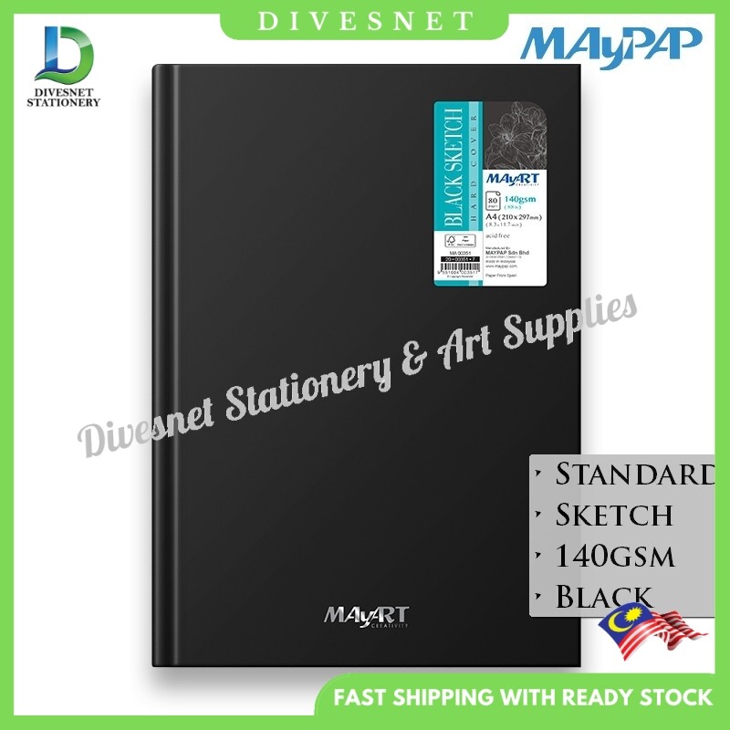 MayArt A4 80p 140gsm Hard Cover Black Sketch Book (Long Bound) A4(MA00351) / A5(MA00352)
