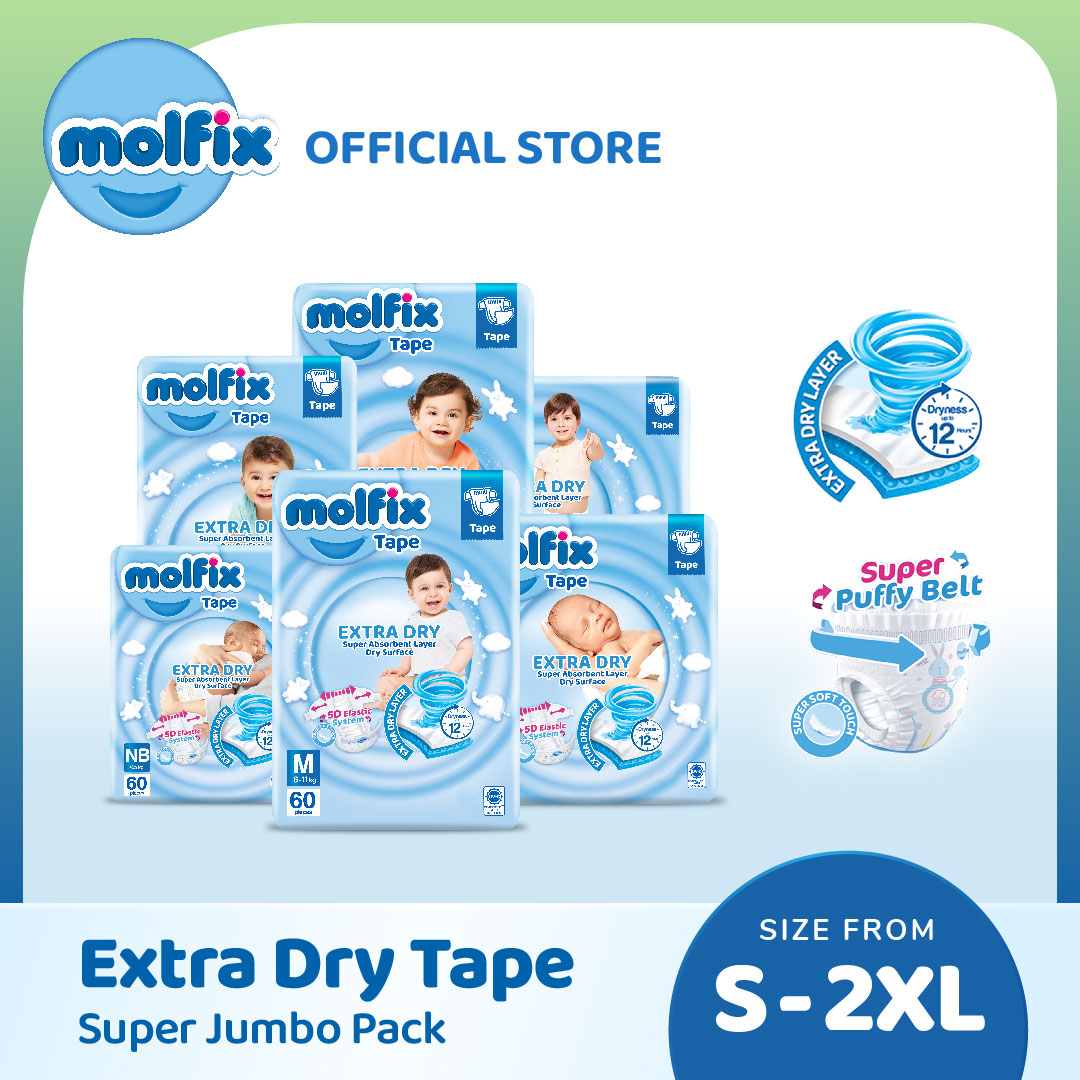 Molfix Extra Dry Tape Super Jumbo Pack (S80/M60/L58/XL50/XXL40) (1 Pack)