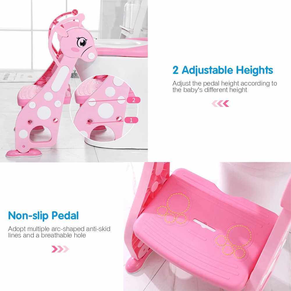Potty Training Seat with Ladder Step Cartoon Deer Shape Non-slip Ladder Adjustable Height Double Handles Soft Potty Seat Pad Toddlers Toilet Seat Step for Boys Girls (Pink)